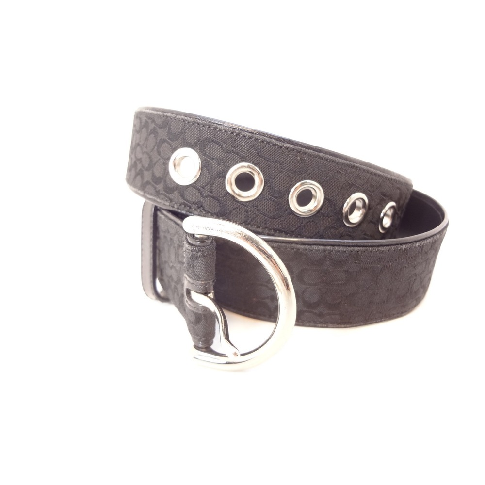 Coach Signature Jacquard Belt Womens M Black Excellent Monogram Leather Trim - Picture 2 of 3